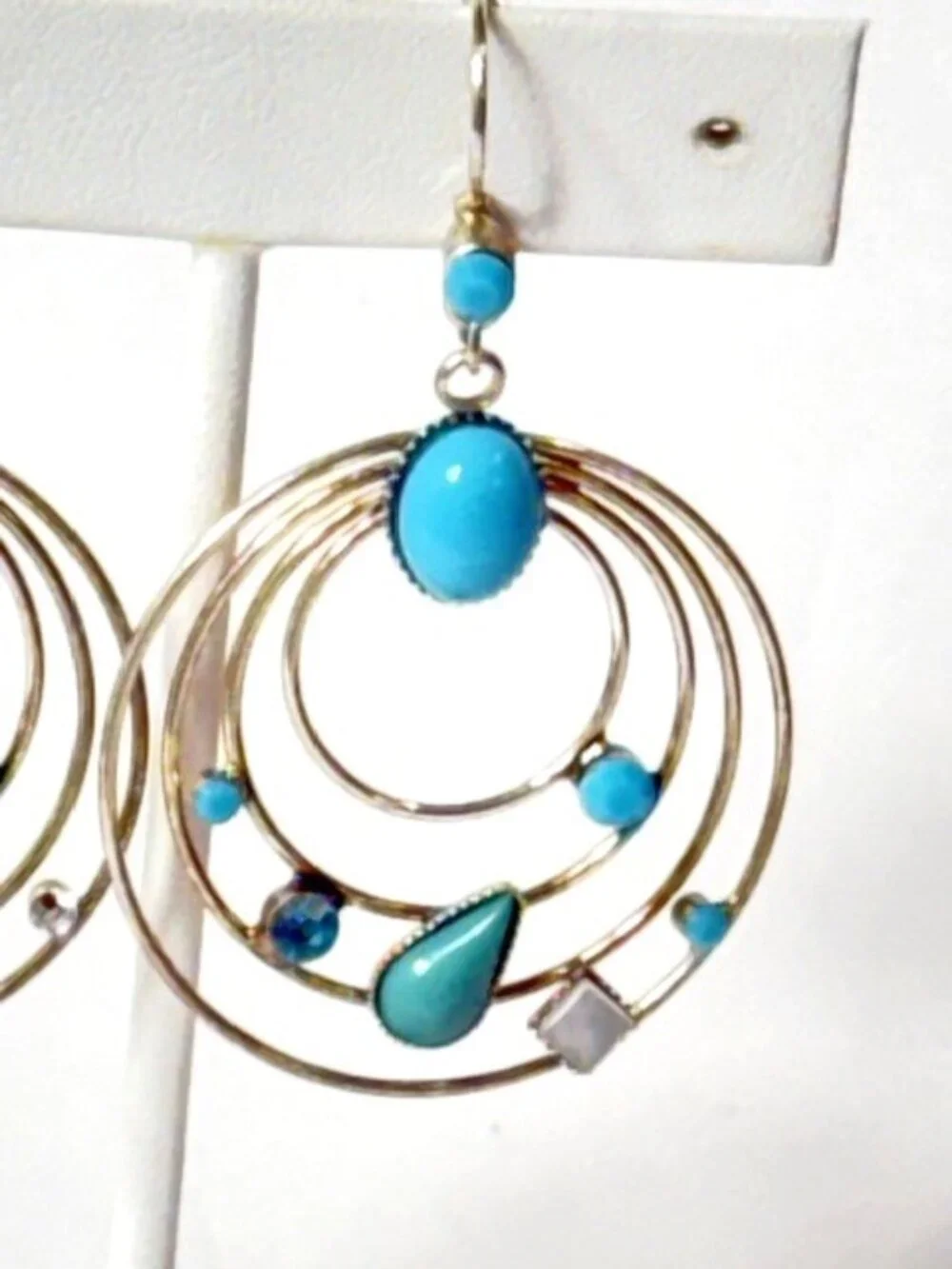 Silver- and turquoise-tone stone and bead hoop earrings
